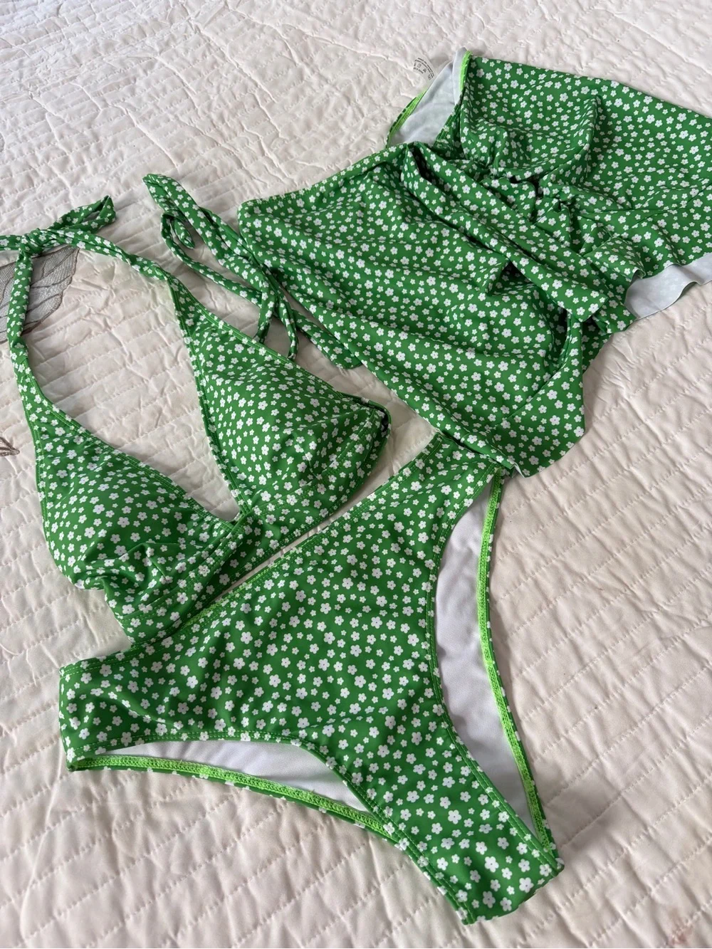 Green Floral Bikini Set with Matching Sarong